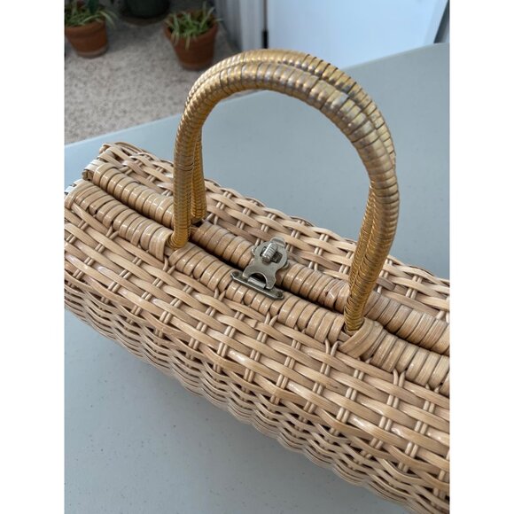 Vintage Simon Handmade Woven Basket Handbag Beige Gold Pink Dual Handles Neutral - Picture 3 of 9